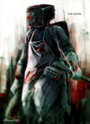 Rule 34 | 1boy, barbed wire, blood, character name, hammer, male focus, sakiryo kanna, solo, the evil within, the keeper