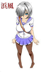 Rule 34 | 10s, 1girl, between breasts, blue eyes, breasts, brown pantyhose, hair ornament, hair over one eye, hairclip, hamakaze (kancolle), highres, kantai collection, large breasts, looking at viewer, medium breasts, miniskirt, no shoes, norman maggot, pantyhose, pigeon-toed, pleated skirt, school uniform, serafuku, short hair, short sleeves, silver hair, simple background, skirt, solo, strap between breasts