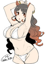 Rule 34 | 1girl, :o, alternate costume, animal ears, armpits, arms up, bangle, bikini, black hair, bracelet, breasts, brown eyes, brown hair, cleavage, cropped legs, dated, happa (cloverppd), hippopotamus (kemono friends), hippopotamus ears, jewelry, kemono friends, large breasts, long hair, multicolored hair, parted lips, signature, simple background, solo, swimsuit, very long hair, white background, white bikini