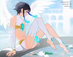 Rule 34 | 1boy, androgynous, barefoot, black hair, blue eyes, blue hair, braid, bridal gauntlets, capelet, chest tattoo, commentary, crop top, deymara, elbow gloves, english commentary, feathered wings, genshin impact, gloves, glowing, glowing hair, gold trim, gradient hair, highres, hood, hooded capelet, leg tattoo, multicolored hair, official alternate costume, shirt, short hair with long locks, shorts, single thighhigh, sitting, solo, tattoo, thighhighs, toeless legwear, twin braids, twitter logo, venti (archon) (genshin impact), venti (genshin impact), white gloves, white shirt, white shorts, white wings, wings