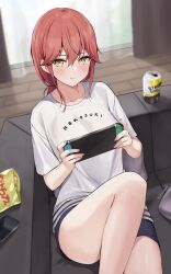 Rule 34 | 1girl, black shorts, blush, breasts, can, cellphone, chips (food), collarbone, couch, food, hair between eyes, highres, indoors, kaetzchen, large breasts, liliya (kaetzchen), long hair, looking at viewer, nintendo switch, original, phone, potato chips, red hair, revision, shirt, short sleeves, shorts, sitting, solo, strong zero, thighs, white shirt, yellow eyes