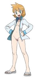 Rule 34 | 00s, bottomless, breasts, cleavage, cleft of venus, coat, creatures (company), flip-flops, full body, game freak, green eyes, gym leader, hands on own hips, highres, jacket, looking at viewer, misty (pokemon), naked coat, nintendo, nude filter, open clothes, open jacket, orange hair, paintover, pokemon, pokemon hgss, sandals, short hair, small breasts, smile, standing, sugimori ken, third-party edit, transparent background