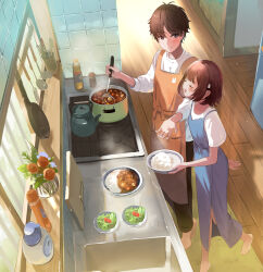 Rule 34 | 1boy, 1girl, absurdres, ahoge, apron, barefoot, blue apron, blush, bob cut, brown hair, closed eyes, collarbone, cooking, curry, cutting board, flat chest, flower, food, from above, highres, holding, indoors, kettle, ladle, long sleeves, looking at another, medium hair, open mouth, orange apron, original, plate, purple eyes, rice, salad, shirt, short hair, short sleeves, sink, frying pan, smelling, smile, stove, white shirt, wooden floor, yukimaru nun