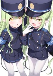 Rule 34 | 2girls, :d, armband, black hat, black shorts, black skirt, blue archive, blue armband, blush, commentary request, earrings, fang, gloves, green hair, green halo, halo, hat, hikari (blue archive), nozomi (blue archive), highres, jewelry, komori kuzuyu, long hair, looking at viewer, multiple girls, open mouth, pantyhose, pleated skirt, pointy ears, shorts, sidelocks, simple background, skin fang, skirt, smile, standing, twintails, white background, white gloves, white pantyhose