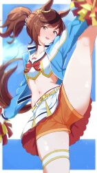 Rule 34 | 1girl, absurdres, adlib, animal ears, arm up, blue jacket, blue sky, blush, breasts, brown eyes, cheerleader, cloud, cloudy sky, collarbone, confetti, cropped jacket, cropped shirt, highres, horse ears, horse girl, horse tail, jacket, kneepits, leg up, long sleeves, looking at viewer, medium breasts, medium hair, navel, nice nature (run&amp;win) (umamusume), nice nature (umamusume), official alternate costume, official alternate hairstyle, open clothes, open jacket, open mouth, orange shorts, outdoors, ponytail, shirt, short shorts, shorts, skirt, sky, sleeveless, sleeveless shirt, smile, solo, split, standing, standing on one leg, standing split, sweat, sweatdrop, tail, thigh strap, thighs, umamusume, white shirt, white skirt