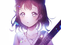 Rule 34 | 1girl, bad id, bad pixiv id, bang dream!, blurry, blush, brown eyes, brown hair, collarbone, commentary request, cone hair bun, guitar, hair bun, hair ornament, instrument, jewelry, necklace, open mouth, petals, shirt, short hair, sleeveless, sleeveless shirt, solo, star (symbol), star hair ornament, star necklace, toyama kasumi, upper body, white background, yuyuyugoonn