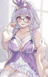 Rule 34 | 1girl, :d, animal ears, black-framed eyewear, braid, breasts, brown jacket, cleavage, collarbone, commentary request, garter straps, glasses, hairband, highres, indie virtual youtuber, jacket, large breasts, long hair, long sleeves, looking at viewer, low twintails, miyako (xxxbibit), off shoulder, open clothes, open jacket, open mouth, puffy long sleeves, puffy sleeves, purple eyes, purple hair, purple hairband, rabbit ears, sleeves past wrists, smile, solo, thighhighs, twin braids, twintails, very long hair, virtual youtuber, white thighhighs, window, yomi tsumugiha