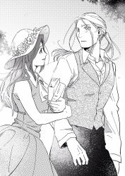 Rule 34 | 1boy, 1girl, arms at sides, bare arms, bare shoulders, blush, book, carrying, commentary request, couple, dress, eyelashes, fingernails, floating hair, flower, fullmetal alchemist, greyscale, happy, hat, hetero, highres, locked arms, long hair, long sleeves, looking at another, monochrome, moooooo80, parted lips, ponytail, profile, sleeveless, smile, trisha elric, van hohenheim, waistcoat, aged down