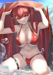 Rule 34 | 1girl, bikini, blurry, bra, breasts, chain necklace, cleavage, coat, depth of field, earrings, gold necklace, hair between eyes, halterneck, head tilt, heart, heart necklace, heterochromia, highres, hololive, houshou marine, houshou marine (summer), jacket, jewelry, large breasts, long hair, looking at viewer, multicolored coat, navel, necklace, necktie, o-ring, o-ring thigh strap, panties, partially submerged, red bikini, red bra, red eyes, red panties, rushian, skindentation, smile, solo, string bikini, swimsuit, teeth, thick thighs, thigh strap, thighs, twintails, underwear, unworn coat, unworn jacket, very long hair, virtual youtuber, yellow eyes
