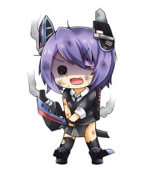 Rule 34 | 10s, 1girl, :3, :d, bad id, bad pixiv id, bruise, chibi, eyepatch, fang, full body, greenteaneko, headgear, injury, kantai collection, necktie, open mouth, personification, purple hair, school uniform, shaded face, short hair, smile, solid circle eyes, solo, sweat, sword, tenryuu (kancolle), thighhighs, torn clothes, transparent background, weapon, white background