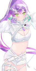 Rule 34 | 1girl, blush, breasts, cleavage, demon tail, gloves, goggles, goggles on head, green eyes, highres, hololive, long hair, long sleeves, looking at viewer, medium breasts, multicolored hair, navel, pink hair, ponytail, purple hair, shorts, solo, tail, tokoyami towa, tokoyami towa (5th costume), tomato greening, virtual youtuber, white gloves, white shorts
