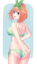 Rule 34 | 1girl, arms behind back, ass, back, bare arms, bare shoulders, bikini, blue background, blue eyes, breasts, butt crack, commentary, cowboy shot, floral print, from behind, go-toubun no hanayome, green bikini, green ribbon, hair ribbon, hand on own arm, highres, looking at viewer, looking back, medium breasts, nakano yotsuba, orange hair, pony (shihyo-6591), pony (shihyo-6591), print bikini, ribbon, short hair, side-tie bikini bottom, sideboob, simple background, solo, swimsuit, thigh gap