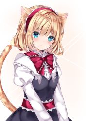 Rule 34 | 1girl, :t, alice margatroid, animal ear fluff, animal ears, bad id, bad pixiv id, black dress, blonde hair, blue eyes, blush, bow, cat ears, cat girl, cat tail, closed mouth, collared shirt, dress, hair between eyes, hairband, highres, juliet sleeves, kemonomimi mode, long sleeves, nanase nao, pout, puffy sleeves, red bow, red hairband, shirt, sleeveless, sleeveless dress, solo, tail, touhou, white shirt