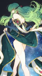 Rule 34 | 1girl, back, bare shoulders, black bow, bow, c.c., clothes lift, code geass, creayus, detached sleeves, dress, dress lift, green hair, hair ornament, lifted by self, long hair, long legs, looking at viewer, simple background, solo, space, thighhighs, white thighhighs, yellow eyes