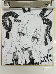 Rule 34 | 1girl, bare shoulders, blush, chitosezaka suzu, closed mouth, commentary request, curled horns, dated, dress, facial mark, hair between eyes, highres, horns, long hair, looking at viewer, original, photo (medium), shikishi, signature, sleeveless, sleeveless dress, smile, solo, traditional media, upper body
