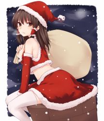 Rule 34 | 1girl, alternate costume, bare shoulders, blush, border, brown eyes, brown hair, commentary request, crop top, detached sleeves, feet out of frame, fur trim, groin, hair between eyes, hair tubes, hakurei reimu, hat, holding, holding sack, long hair, long sleeves, looking at viewer, midriff, miyo (ranthath), night, night sky, outside border, pom pom (clothes), red skirt, sack, santa costume, santa hat, sidelocks, sitting, skirt, sky, snowing, solo, thighhighs, thighs, touhou, white border, white thighhighs
