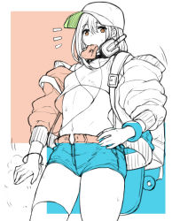 Rule 34 | 1girl, baseball cap, bracelet, cowboy shot, crop top, hai ookami, hat, headphones, headphones around neck, highres, hood, hoodie, jewelry, midriff, mouth hold, navel, open clothes, open hoodie, original, short shorts, shorts, single thighhigh, skateboard, solo, thighhighs, thighs