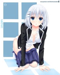 Rule 34 | 1girl, arm support, ass, black jacket, blazer, blue eyes, blue skirt, breasts, character name, clothes pull, collarbone, date a live, full body, hair between eyes, hair ornament, hairclip, hands on ground, helvetica std, highres, jacket, kneeling, leaning forward, looking at viewer, medium breasts, medium hair, no bra, open jacket, open clothes, open jacket, open mouth, panties, partially unbuttoned, shirt, signature, silver hair, skirt, skirt pull, solo, tobiichi origami, underwear, undressing, white panties, white shirt