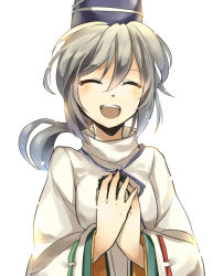 Rule 34 | 1girl, ^ ^, closed eyes, closed eyes, female focus, grey hair, hands on own chest, happy, hat, japanese clothes, kariginu, mononobe no futo, open mouth, pom pom (clothes), ponytail, solo, tate eboshi, touhou, upper body, yetworldview kaze