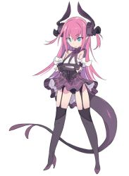 Rule 34 | 10s, 1girl, adapted costume, asymmetrical horns, black dress, black panties, black ribbon, black thighhighs, blade (galaxist), blue eyes, closed mouth, commentary request, crossed arms, dragon horns, dragon tail, dress, elizabeth bathory (fate), elizabeth bathory (first ascension) (fate), fate/extra, fate/extra ccc, fate (series), full body, garter straps, hair between eyes, hair ribbon, high heels, horns, long hair, panties, pink hair, pointy ears, purple footwear, ribbon, simple background, smile, solo, standing, tail, thighhighs, two side up, underwear, uneven horns, very long hair, white background