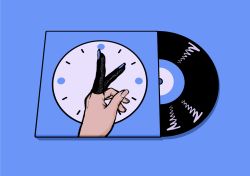 Rule 34 | blue background, blue nails, clock, highres, minillustration, nail polish, original, pink nails, record, record jacket, shadow, simple background