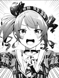 Rule 34 | 1girl, choker, commentary request, emphasis lines, greyscale, hat, highres, hololive, hoshimachi suisei, hoshimachi suisei (1st costume), monochrome, nikumaru, open mouth, outstretched arms, round teeth, side ponytail, smile, solo, star (symbol), teeth, upper body, virtual youtuber