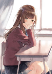 Rule 34 | 1girl, black skirt, black socks, blurry, blurry background, blush, brown eyes, brown hair, brown jacket, chair, closed mouth, commentary request, curtains, day, depth of field, desk, feet out of frame, hand up, indoors, jacket, long hair, long sleeves, looking at viewer, looking to the side, midorikawa you, on chair, original, pleated skirt, school chair, school desk, school uniform, sitting, skirt, smile, socks, solo, sunlight, window