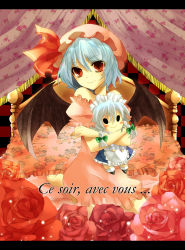 Rule 34 | 1girl, ayuko (ayuco), bad id, bad pixiv id, bare shoulders, bat wings, bed, blue hair, character doll, doll, hugging doll, female focus, flower, french text, highres, hug, izayoi sakuya, letterboxed, hugging object, pillow, pink flower, pink rose, red eyes, red flower, red rose, remilia scarlet, rose, short hair, smile, solo, touhou, wings