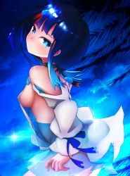 Rule 34 | 1girl, absurdres, bare shoulders, black hair, blue eyes, blue hair, blue ribbon, blush, breasts, closed mouth, dress, fate/grand order, fate/requiem, fate (series), head tilt, highres, jewelry, long sleeves, looking at viewer, magatama, magatama hair ornament, medium breasts, medium hair, multicolored hair, necklace, night, night sky, palm tree, pelvic curtain, pink hair, puffy long sleeves, puffy sleeves, ribbon, short dress, sideboob, sideless outfit, sky, solo, star (sky), starry sky, streaked hair, suntakuchan, thighs, tree, utsumi erice, white dress