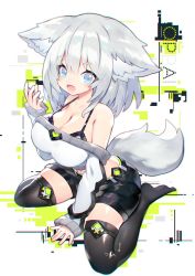 Rule 34 | 1girl, animal ear fluff, animal ears, aqua eyes, arm support, bare shoulders, black shorts, bra, bra peek, breasts, cleavage, highres, holding, holding phone, large breasts, looking at viewer, mamuru, medium hair, off shoulder, open mouth, original, phone, shorts, silver hair, sitting, smile, solo, star (symbol), tail, thighhighs, underwear, wariza, white background, zettai ryouiki