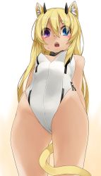 Rule 34 | 1girl, animal ears, arms behind back, bare shoulders, blonde hair, blue eyes, blush, bow, bowtie, breasts, cat ears, cat tail, deuman, from below, heterochromia, highres, horns, kittysuit, kochiya (gothope), leotard, long hair, looking at viewer, looking down, nontraditional playboy bunny, open mouth, phantasy star, phantasy star online 2, purple eyes, small breasts, solo, tail, transparent background