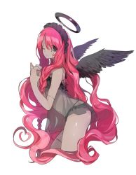 Rule 34 | 1girl, angel, angel wings, black bra, black panties, black wings, bra, braid, colored skin, commentary request, cowboy shot, crossed legs, feathered wings, fingernails, from side, grey skin, halo, heart, heart hands, highres, long hair, looking at viewer, looking to the side, maid headdress, nail polish, naruto maki, nightgown, one eye closed, original, panties, pink eyes, pink hair, pink nails, see-through, simple background, solo, stitches, swept bangs, underwear, underwear only, very long hair, white background, wings, zombie
