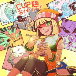 Rule 34 | 1girl, @ @, arms (game), bandage on face, bandages, beanie, bike shorts, blonde hair, blunt bangs, bracelet, chopsticks, dragon (arms), explosion, food, green eyes, hat, hitohito, jewelry, knees up, legs together, looking at viewer, min min (arms), multiple views, nintendo, noodles, one eye closed, open mouth, ramen, short hair, shorts, sitting, smile, snowflakes, steam, yellow background