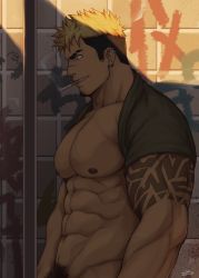 Rule 34 | 1boy, abs, arm tattoo, artist name, bara, bare pectorals, biceps, blonde hair, brown hair, cigarette, clothes lift, ear piercing, earrings, facial hair, graffiti, highres, jewelry, large pectorals, looking down, looking to the side, male focus, male pubic hair, manly, mature male, multicolored hair, muscular, muscular male, navel, nipples, original, outdoors, pectorals, piercing, pubic hair, scar, scar on face, scar on nose, shadow, shirt, shirt lift, sideburns, smirk, smoke, smoking, solo, spiked hair, stubble, t-shirt, tattoo, teeth, thick arms, upper body, wall, zifu
