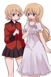 Rule 34 | 1girl, 2girls, alternate hairstyle, black skirt, blonde hair, blue eyes, braid, closed mouth, commentary, darjeeling (girls und panzer), dual persona, girls und panzer, hair down, jacket, long sleeves, looking at viewer, military uniform, miniskirt, multiple girls, nightgown, open mouth, pleated skirt, red jacket, ri (qrcode), short hair, short sleeves, simple background, skirt, sleepwear, smile, solo, st. gloriana&#039;s military uniform, standing, twin braids, uniform, white background, white nightgown