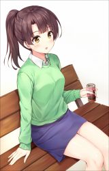 Rule 34 | 1girl, :d, arm at side, bad id, bad pixiv id, bench, black border, blue skirt, blunt bangs, blush, border, breasts, brown eyes, can, casual, collared shirt, commentary request, drink can, from above, green sweater, highres, holding, katou megumi, long hair, long sleeves, looking at viewer, looking up, medium breasts, medium skirt, open mouth, park bench, pasdar, ponytail, saenai heroine no sodatekata, shiny skin, shirt, simple background, sitting, skirt, sleeves past wrists, smile, soda can, solo, sweater, tareme, white background, wing collar