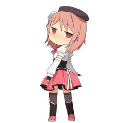 Rule 34 | 1girl, adapted costume, alternate hairstyle, beret, boots, chibi, cosplay, detached sleeves, female focus, from behind, full body, hair down, hat, kaname madoka, looking back, magical girl, mahou shoujo madoka magica, mahou shoujo madoka magica (anime), pink eyes, pink hair, short hair, simple background, skirt, solo, striped clothes, striped thighhighs, thighhighs, tomoe mami, tomoe mami (cosplay), tsuduya (knt31), vertical-striped clothes, vertical-striped thighhighs, white background, zettai ryouiki