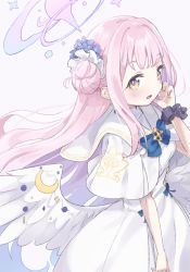 Rule 34 | 1girl, blue archive, blue bow, blue bowtie, bow, bowtie, capelet, crescent, dress, hair bun, halo, hand in own hair, highres, long hair, looking at viewer, mika (blue archive), open mouth, pink hair, simple background, single hair bun, solo, star (symbol), white background, white capelet, white dress, white wings, wings, zeroarchive00
