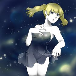 Rule 34 | 1girl, amakara neko, blonde hair, blue eyes, breasts, highres, long hair, nightgown, no nipples, no pussy, original, see-through, solo, star (symbol), starry background, thigh gap, twintails