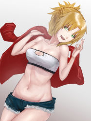 Rule 34 | 1girl, absurdres, aito, bare shoulders, blonde hair, braid, breasts, cleavage, commentary request, fate/grand order, fate (series), green eyes, highres, jacket, long hair, medium breasts, mordred (fate), mordred (fate/apocrypha), mordred (memories at trifas) (fate), ponytail, red jacket, short shorts, shorts, smile, solo, weapon