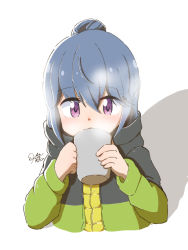 Rule 34 | 1girl, absurdres, blue hair, commentary request, cropped torso, cup, eyes visible through hair, hair between eyes, hair bun, highres, holding, holding cup, jacket, kona kuzu, mug, multicolored clothes, multicolored jacket, purple eyes, shadow, shima rin, signature, simple background, single hair bun, solo, two-tone jacket, white background, yurucamp