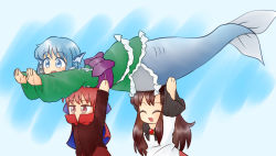 Rule 34 | 3girls, arms up, blue background, blue eyes, blue hair, brooch, brown hair, brown shirt, cape, chibi, closed eyes, commentary request, fins, gradient background, grass root youkai network, green kimono, head fins, imaizumi kagerou, japanese clothes, jewelry, kimono, lifting person, long hair, long sleeves, looking to the side, mermaid, monster girl, multiple girls, obi, open mouth, outstretched arms, red eyes, red hair, sash, sekibanki, shawl, shirt, short hair, short kimono, standing, touhou, upper body, very long hair, wakasagihime, white shirt, yukimuro