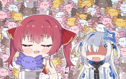 Rule 34 | :d, = =, amane kanata, amane kanata (work), axolotl (minecraft), blue hair, blush stickers, chibi, colored inner hair, commentary, english commentary, fang, hair ornament, hairclip, halo, hololive, houshou marine, jacket, kukie-nyan, long hair, minecraft, multicolored hair, open mouth, purple eyes, shaded face, silver hair, smile, star halo, twitter username, two side up, virtual youtuber, white jacket
