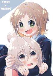 2girls :d ahoge black_jacket blush brown_eyes brown_hair character_name colored_inner_hair commentary corrupted_twitter_file diamond-shaped_pupils diamond_(shape) fang green_eyes grey_hair hair_between_eyes hair_intakes hashtag-only_commentary highres hug jacket kirukesariku long_hair long_sleeves looking_at_viewer multicolored_hair multiple_girls oka_asahi onii-chan_wa_oshimai! open_mouth orange_hair oyama_mahiro simple_background skin_fang smile symbol-shaped_pupils two-tone_hair two_side_up v-shaped_eyebrows white_background