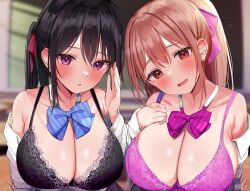 Rule 34 | 2girls, :o, absurdres, arm support, black bra, black hair, blue bow, blue bowtie, blurry, blurry background, blush, bow, bowtie, bra, breasts, brown hair, chair, chalkboard, classroom, cleavage, collarbone, desk, hair between eyes, hair ribbon, highres, lace, lace-trimmed bra, lace trim, large breasts, long hair, long sleeves, looking at viewer, multiple girls, non-web source, on desk, open clothes, open mouth, open shirt, original, parted lips, purple bow, purple bowtie, purple bra, purple eyes, red eyes, ribbon, rouka (akatyann), school chair, school desk, school uniform, shirt, sidelocks, sitting, on desk, smile, take your pick, underwear, upper body, whispering, white shirt