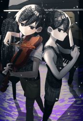 Rule 34 | 1girl, 2boys, bare shoulders, black eyes, black hair, black shirt, black tank top, black vest, book, bow (music), chair, closed mouth, collared shirt, commentary request, expressionless, facing away, gem (symbol), grey shorts, hands up, highres, holding, holding bow (music), holding instrument, holding knife, holding violin, instrument, knife, long hair, looking at viewer, male focus, mari (omori), multiple boys, music, omori, omori (omori), piano, playing instrument, profile, shadow, shirt, short hair, short sleeves, shorts, sideways glance, sleeveless, sleeveless shirt, standing, sunny (omori), tank top, vest, violin, white shirt, wing collar, yutsu