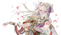 Rule 34 | 1girl, ancient greek clothes, armlet, bare shoulders, belly chain, blurry, bracelet, breasts, choker, cleavage, dancer, dancer (fire emblem: three houses), depth of field, dress, edelgard von hresvelg, fire emblem, fire emblem: three houses, flower, greco-roman clothes, hair flower, hair ornament, hair ribbon, highres, jewelry, long hair, looking at viewer, medium breasts, nintendo, petals, purple eyes, ribbon, simple background, single-shoulder dress, solo, suzuki rika, tunic, upper body, white background