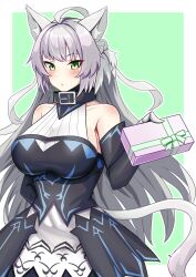 Rule 34 | 1girl, ahoge, animal ears, atalanta (fate), atalanta alter (fate), atalanta alter (first ascension) (fate), bare shoulders, black dress, blush, box, braid, breasts, cat ears, cat tail, collar, detached sleeves, dress, fate/apocrypha, fate/grand order, fate (series), french braid, gift, gift box, green eyes, grey hair, highres, large breasts, long hair, looking at viewer, solo, tail, valentine, yuzu kiro