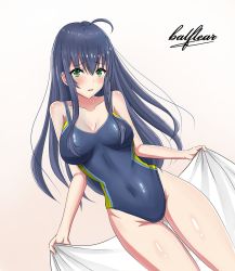 Rule 34 | 1girl, ahoge, balflear (oe19nlud), black hair, blue one-piece swimsuit, breasts, commentary request, competition swimsuit, cowboy shot, dutch angle, gluteal fold, gradient background, green eyes, grey one-piece swimsuit, highres, large breasts, long hair, looking at viewer, one-piece swimsuit, original, solo, standing, swimsuit, thigh gap, towel, white background, white towel
