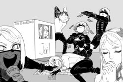 Rule 34 | 3boys, 4girls, adam (nier:automata), android, artist name, blindfold, board game, bored, box, breasts, buttons, cleavage, cleavage cutout, clothing cutout, copyright name, covered mouth, draw the squad, elbow gloves, english text, eve (nier:automata), feather-trimmed sleeves, glasses, gloves, greyscale, juliet sleeves, long hair, long sleeves, lying, meme, microphone, money, monochrome, monopoly, monopoly night, multiple boys, multiple girls, nier (series), nier:automata, on side, operator 21o, own hands together, parody, praying, puffy sleeves, short hair, shorts, siblings, sitting, smug, standing, teardrop, text focus, topless, white hair, commander (nier:automata), 2b (nier:automata), 9s (nier:automata), a2 (nier:automata)